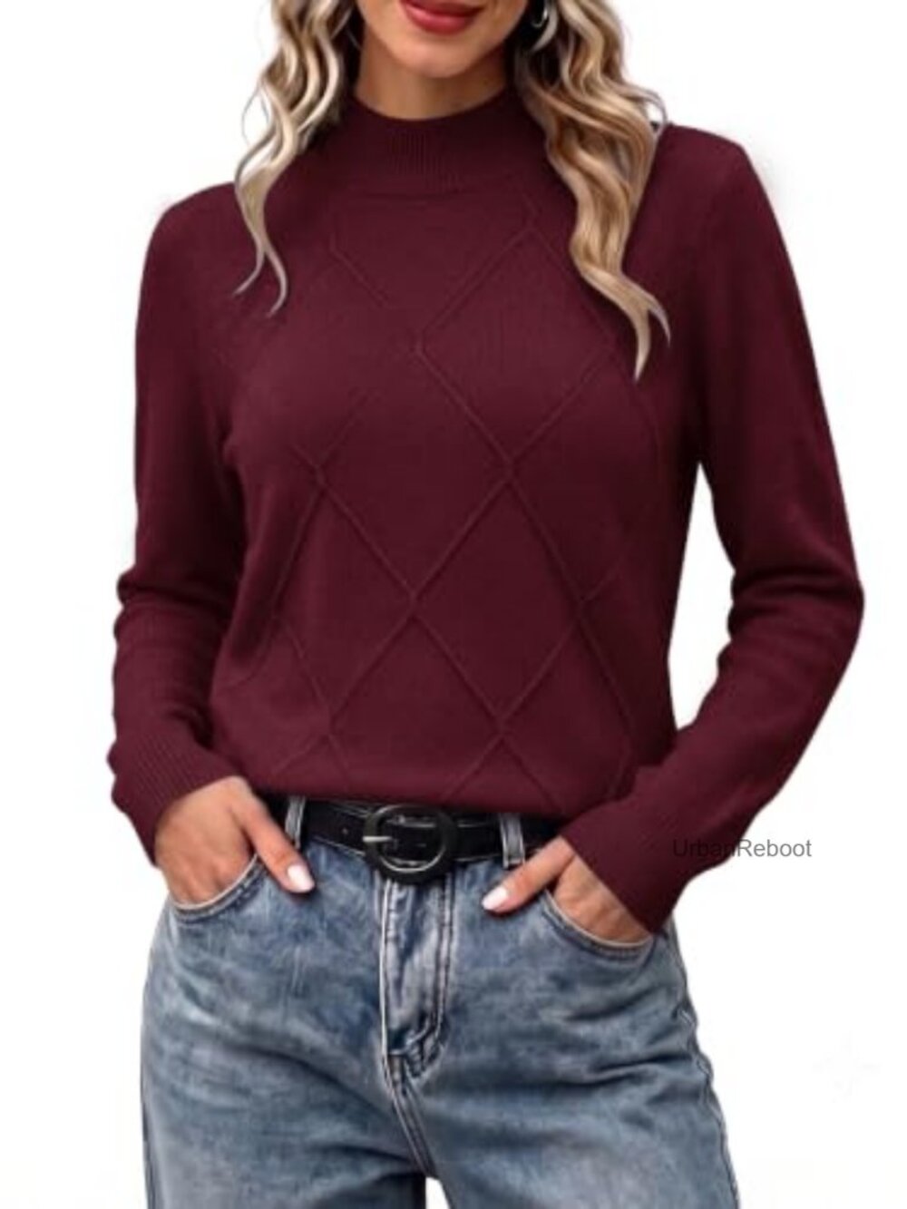 Womens Cable Knit Mock Neck Sweater Long Sleeve Crochet Front Pullover